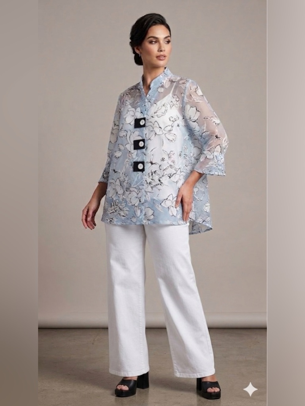 Light Blue Floral Sheer Mandarin-Collar Blouse with Statement Buttons